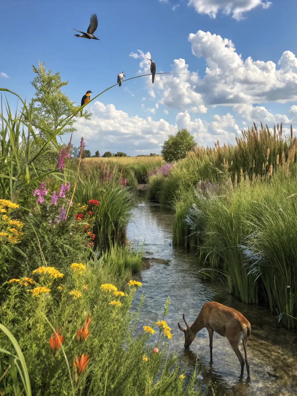 A vibrant image of a lush habitat with native wildlife, including deer and birds, illustrating healthy ecosystems supported by our programs.