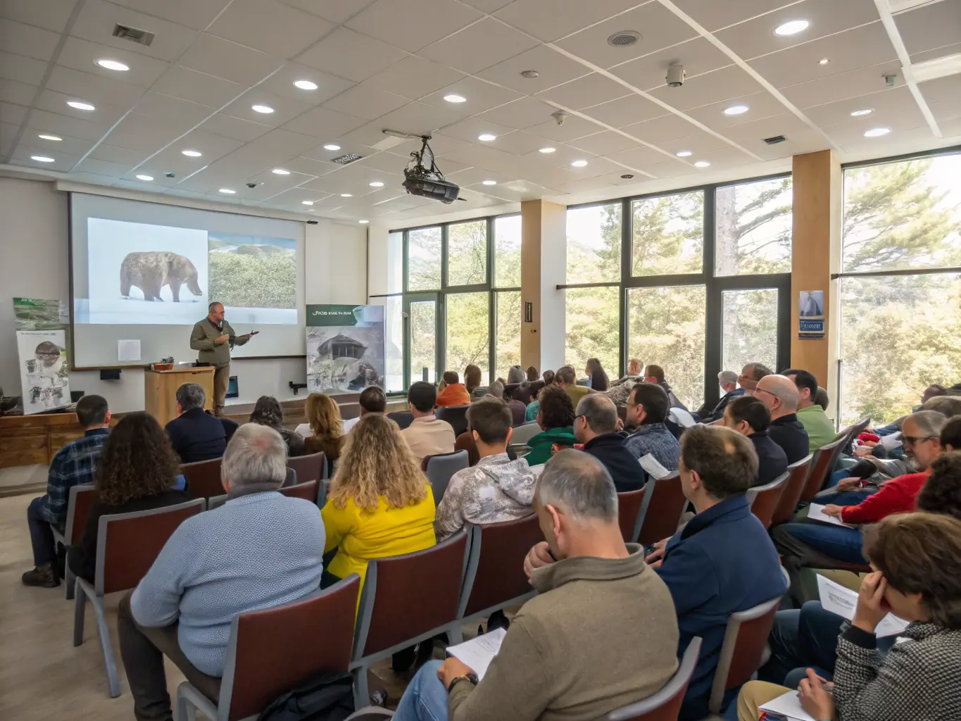 A community workshop with participants listening to a conservation expert, with educational posters and wildlife images displayed.