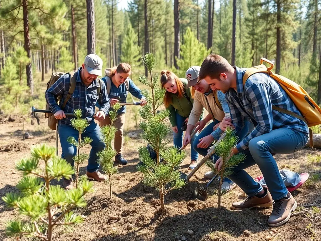 A group of volunteers planting saplings in a forest, symbolizing wildlife replenishment efforts by AMICALE DES CHASSEURS DE VILLEJOUBERT.