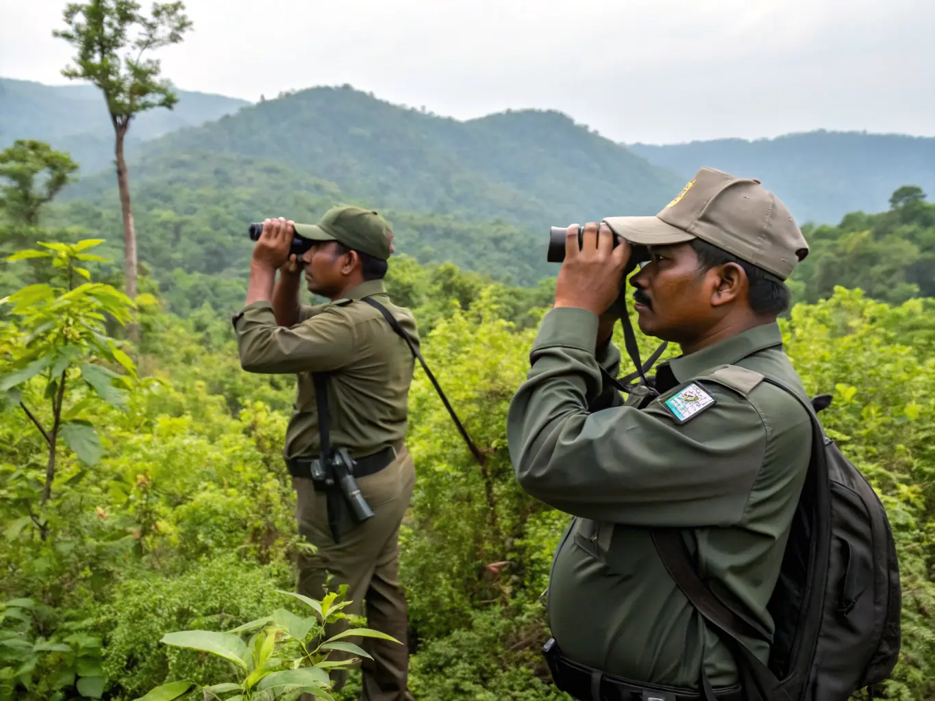 A ranger patrolling a forest area with anti-poaching equipment, representing the anti-poaching initiatives of AMICALE DES CHASSEURS DE VILLEJOUBERT.