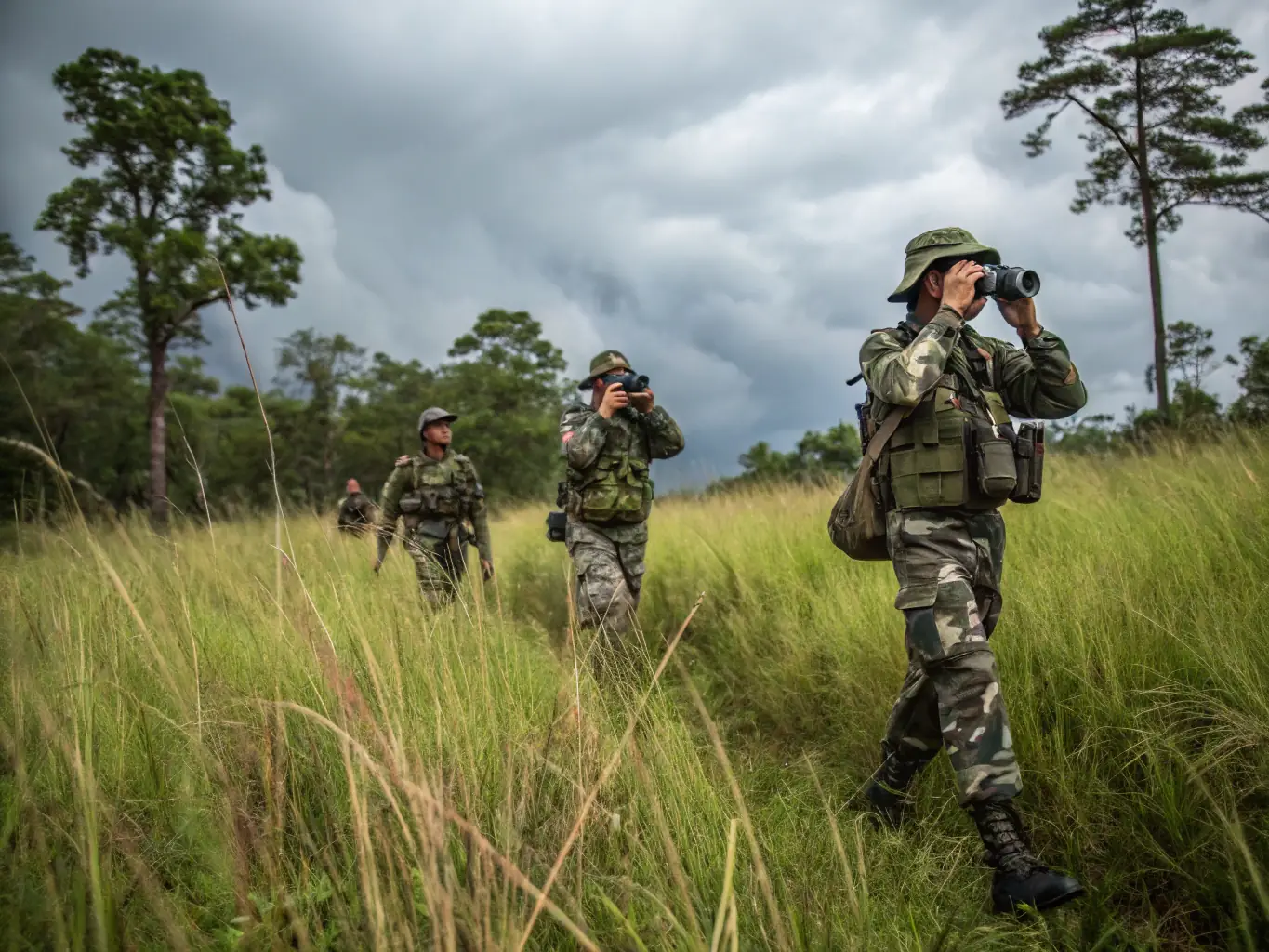 A team of conservation officers conducting patrols in a forested area, equipped with surveillance gear and wildlife protection signs.
