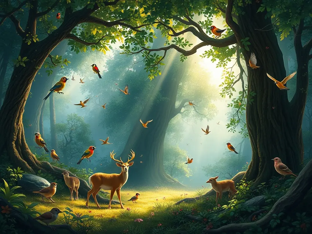 A vibrant image of a lush habitat with native wildlife, including deer and birds, illustrating healthy ecosystems supported by our programs.