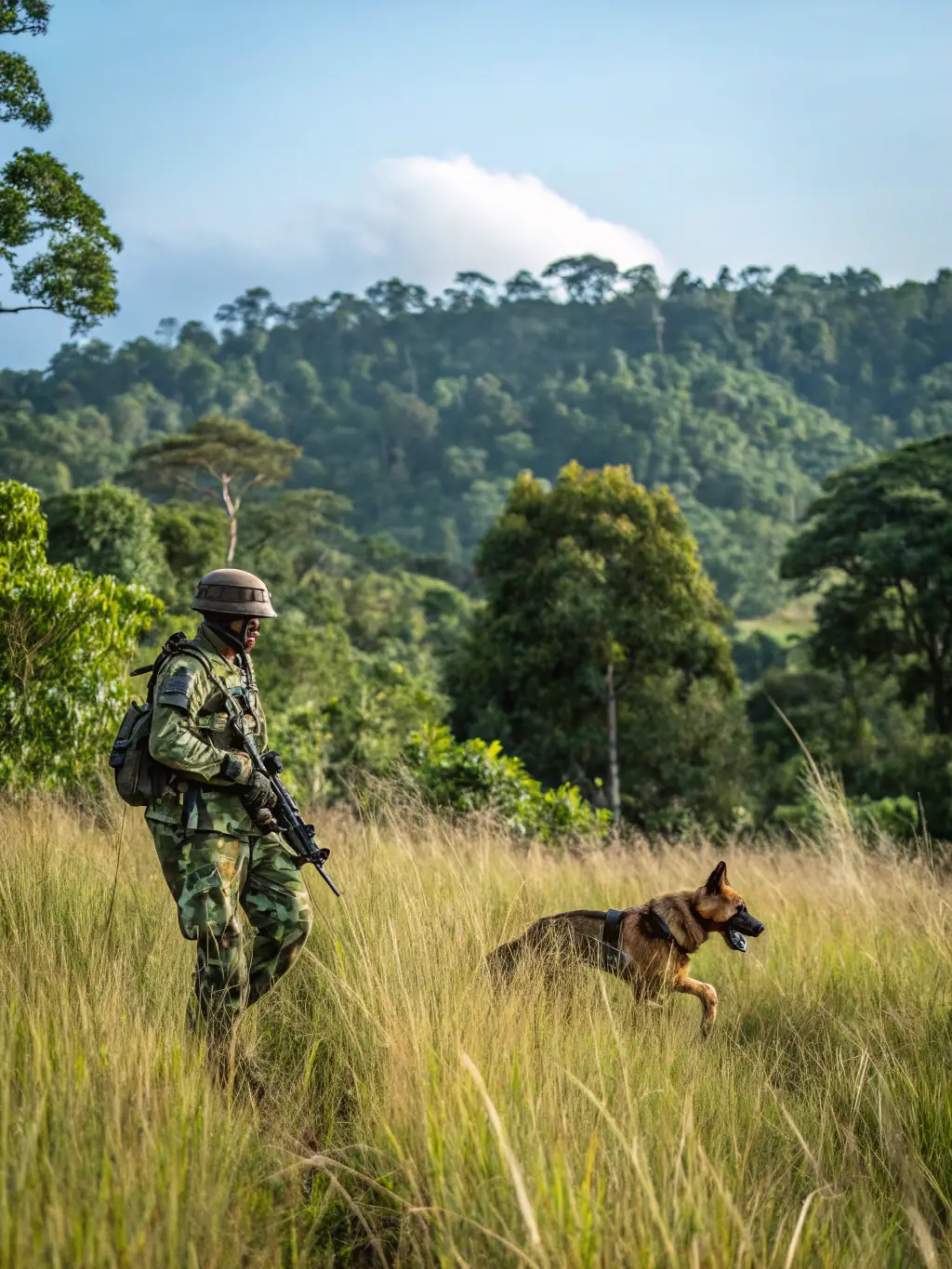 A team of conservation officers conducting patrols in a forested area, equipped with surveillance gear and wildlife protection signs.