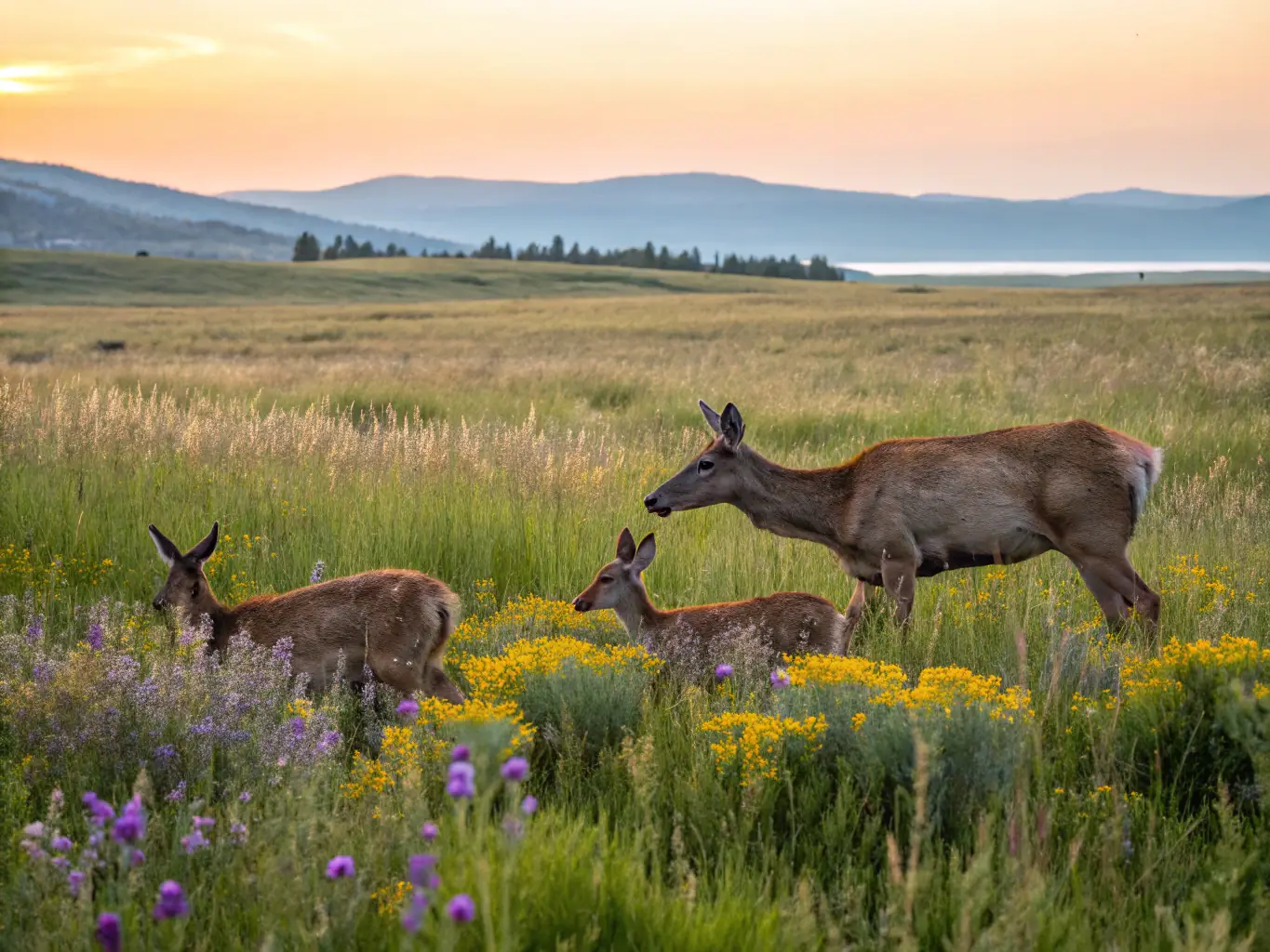 A serene landscape featuring a group of deer grazing peacefully in a meadow, symbolizing wildlife replenishment efforts by AMICALE DES CHASSEURS DE VILLEJOUBERT.