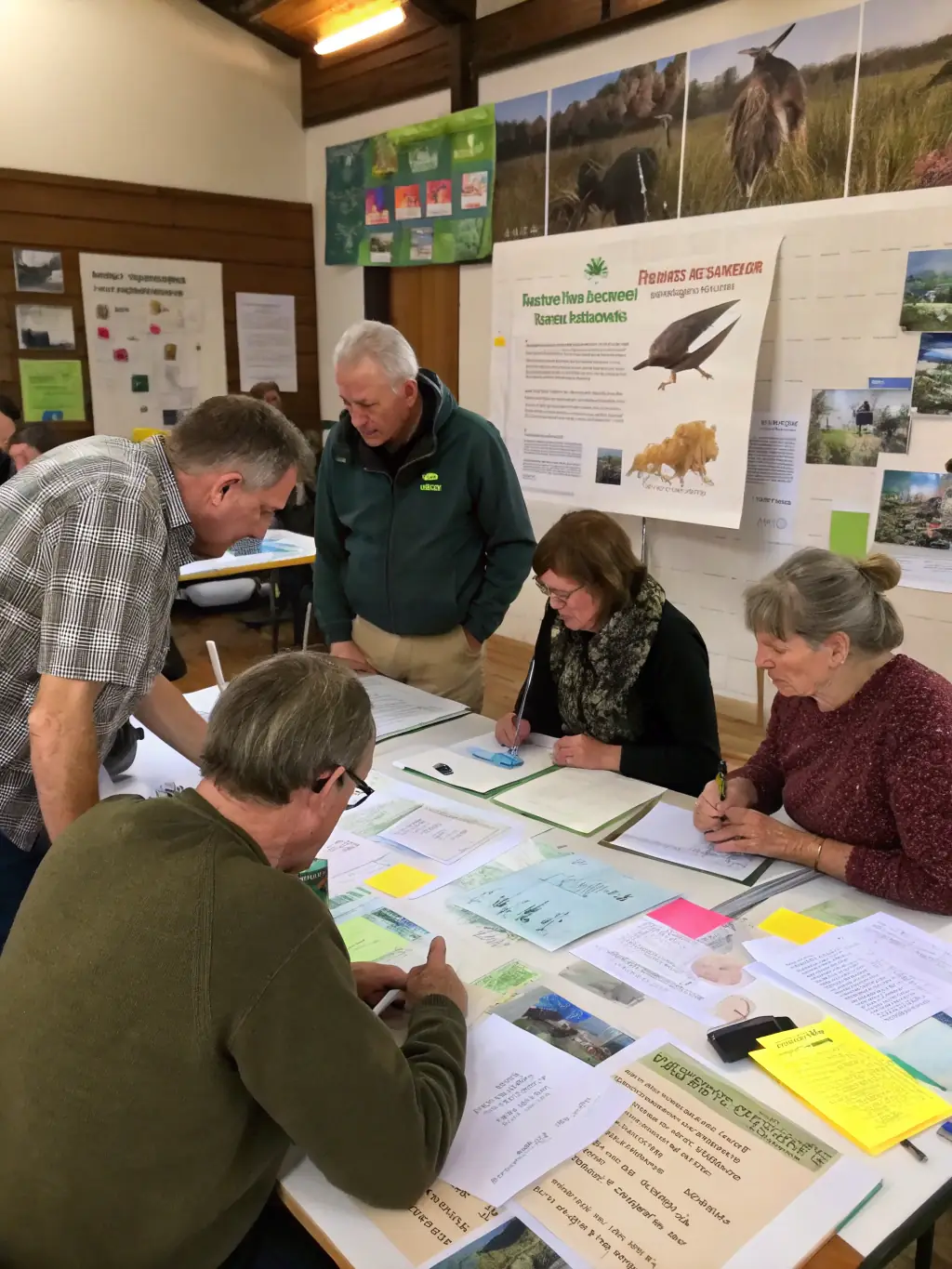 A community workshop with participants listening to a conservation expert, with educational posters and wildlife images displayed.