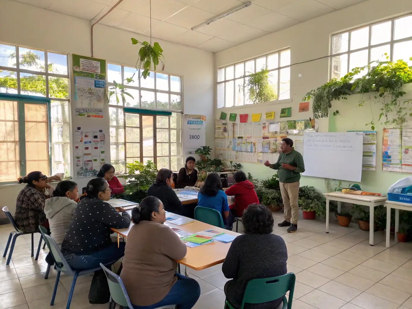 A vibrant scene of a community workshop where members are learning about wildlife conservation, showcasing AMICALE DES CHASSEURS DE VILLEJOUBERT's commitment to education.