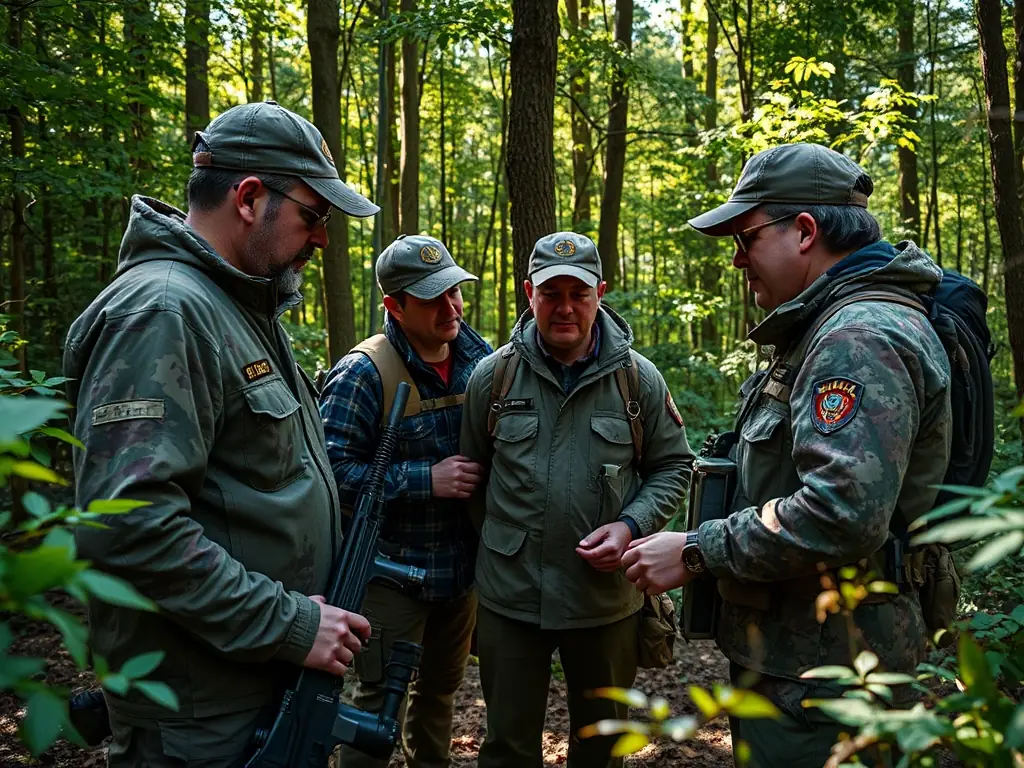 A dynamic image showing volunteers participating in an anti-poaching patrol in a forest, highlighting the active protection of wildlife by AMICALE DES CHASSEURS DE VILLEJOUBERT.